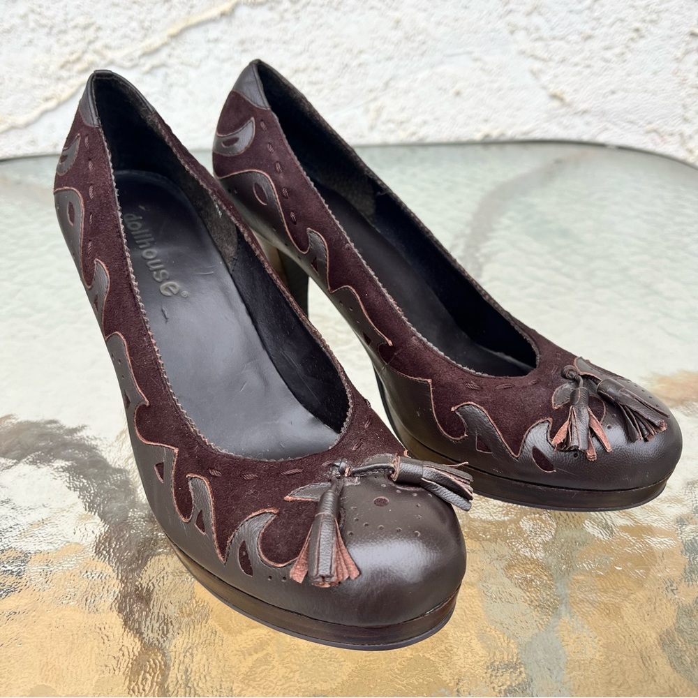 Dollhouse Leather & Suede Brown High Heel Shoes with Tassels